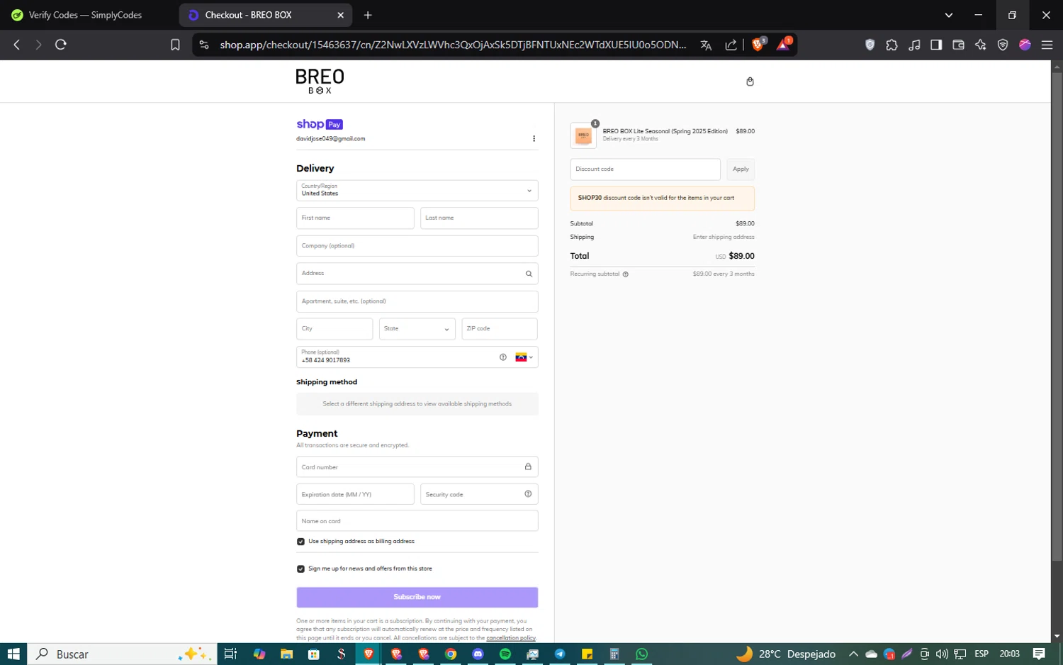 Breo Box promo code screenshot showing code SHOP30 applied at Breo Box checkout page. Uploaded by SimplyCodes community member SmartSaver5858 on Mar 3, 2025