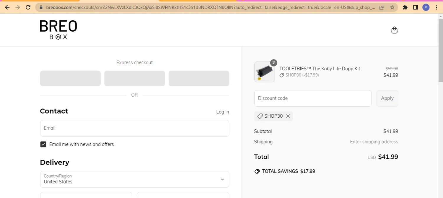 Breo Box promo code screenshot showing code SHOP30 applied at Breo Box checkout page. Uploaded by SimplyCodes community member beatrizcastillo on Mar 20, 2025