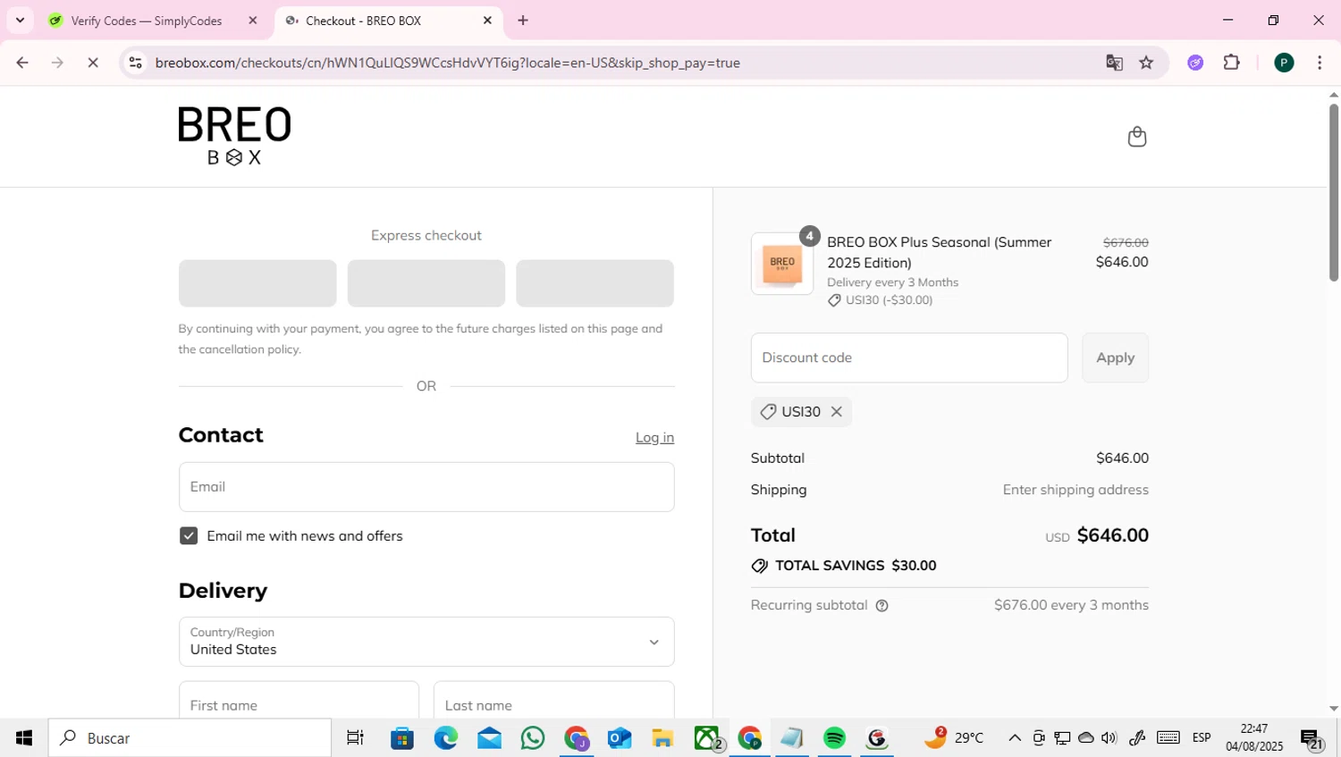 Breo Box promo code screenshot showing code USI30 applied at Breo Box checkout page. Uploaded by SimplyCodes community member RoyalAdmiral4824 on Aug 5, 2025