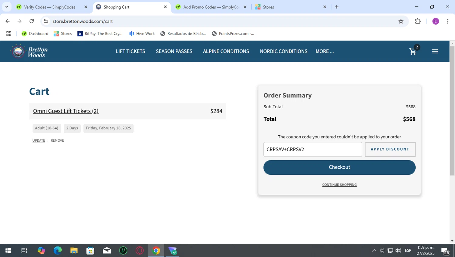 Bretton Woods checkout page showing Bretton Woods discount code box | Screenshot taken by SimplyCodes community member on Feb 27, 2025