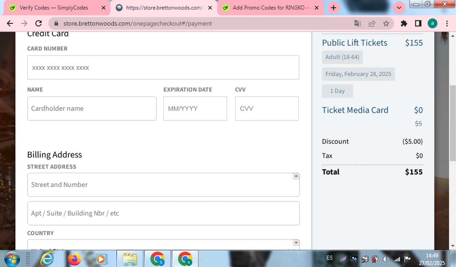 Bretton Woods checkout page showing Bretton Woods discount code box | Screenshot taken by SimplyCodes community member on Feb 27, 2025