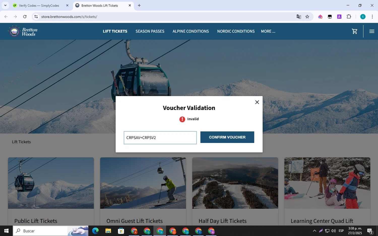 Bretton Woods discount code screenshot showing code CRPSAV+CRPSV2 applied at Bretton Woods checkout page. Uploaded by SimplyCodes community member MoneyTitan1832 on Feb 27, 2025