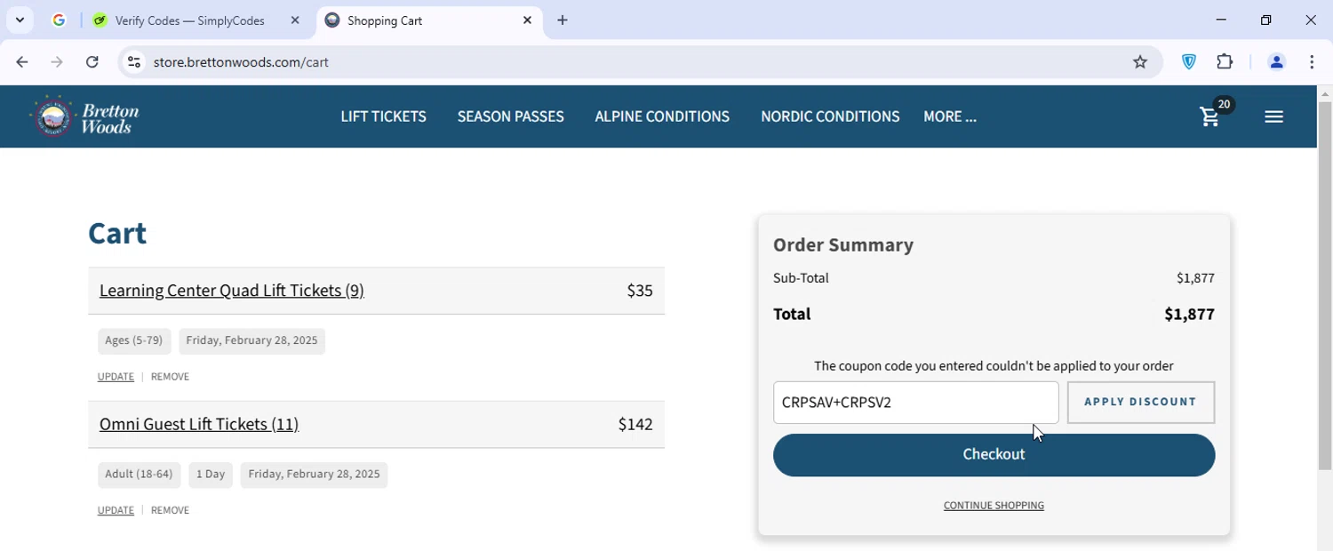 Bretton Woods discount code screenshot showing code CRPSAV+CRPSV2 applied at Bretton Woods checkout page. Uploaded by SimplyCodes community member VoucherGuardian4807 on Feb 27, 2025