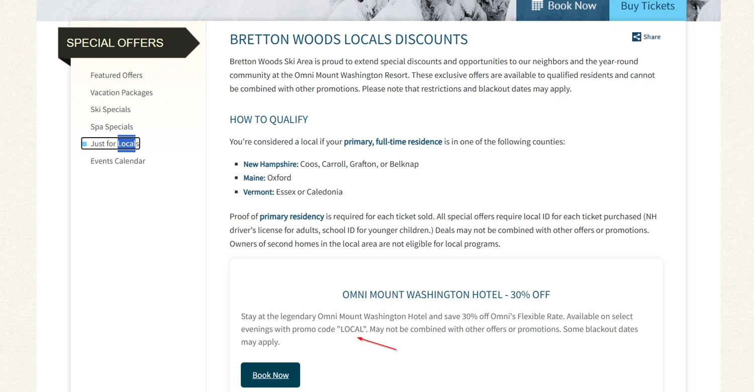 Bretton Woods discount code screenshot showing code LOCAL applied at Bretton Woods checkout page. Uploaded by SimplyCodes community member Lioniel on Feb 18, 2025