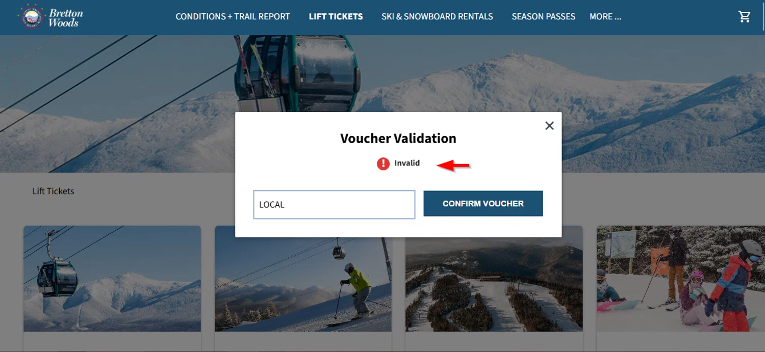 Bretton Woods discount code screenshot showing code LOCAL applied at Bretton Woods checkout page. Uploaded by SimplyCodes community member SimplyCVerlie on Feb 21, 2025
