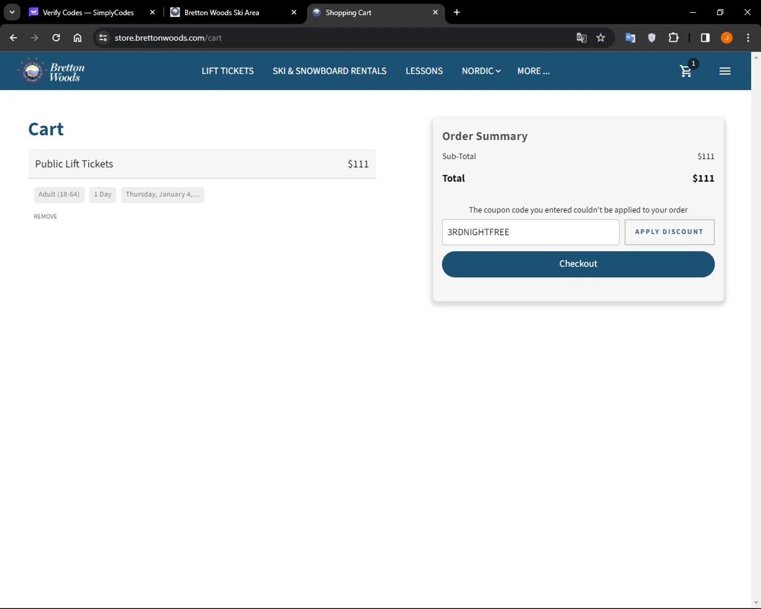 Bretton Woods checkout page showing Bretton Woods discount code box | Screenshot taken by SimplyCodes community member on Dec 25, 2023