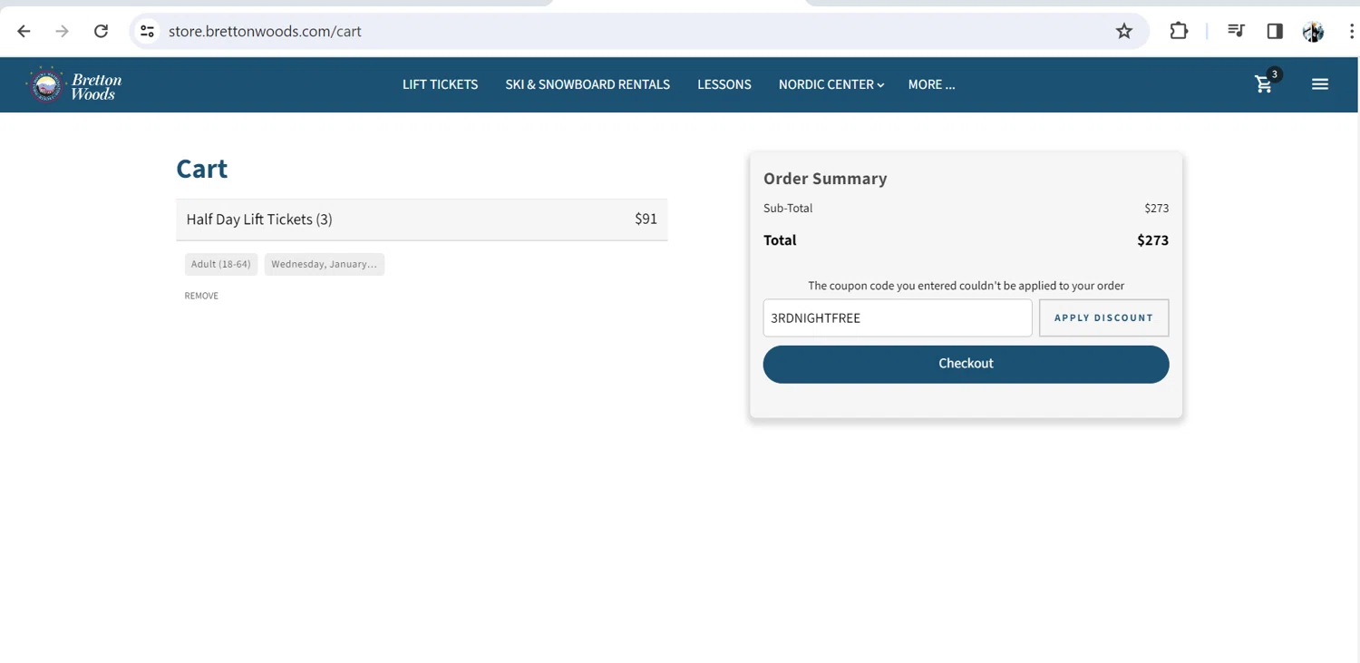 Bretton Woods checkout page showing Bretton Woods discount code box | Screenshot taken by SimplyCodes community member on Jan 23, 2024
