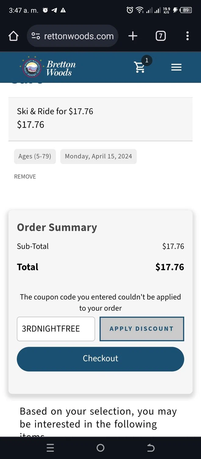 Bretton Woods checkout page showing Bretton Woods discount code box | Screenshot taken by SimplyCodes community member on Apr 7, 2024