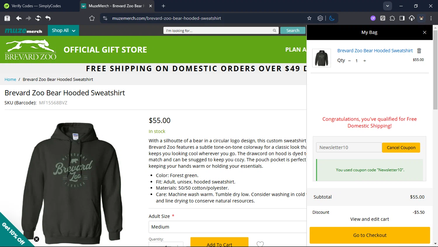 Brevard Zoo promo code screenshot showing code Newsletter10 applied at Brevard Zoo checkout page. Uploaded by SimplyCodes community member USER_RANDON on Jan 27, 2026