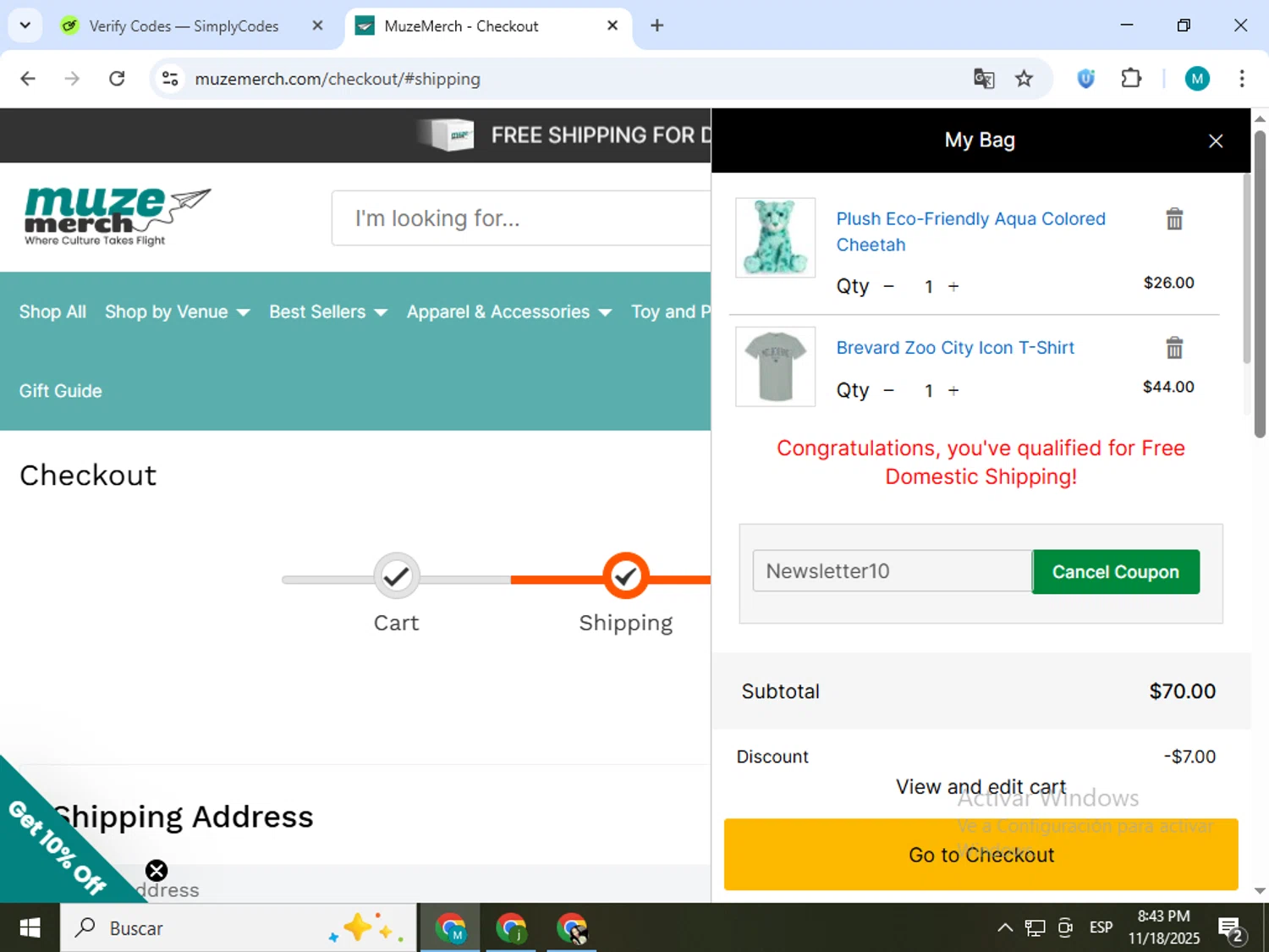 Brevard Zoo promo code screenshot showing code Newsletter10 applied at Brevard Zoo checkout page. Uploaded by SimplyCodes community member estrellaveloz on Nov 19, 2025