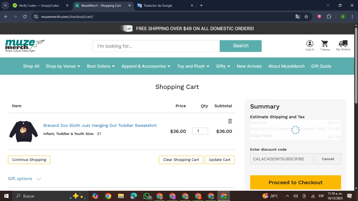 Brevard Zoo promo code screenshot showing code CALACADEMYSUBSCRIBE applied at Brevard Zoo checkout page. Uploaded by SimplyCodes community member RewardMaverick445 on Dec 18, 2025