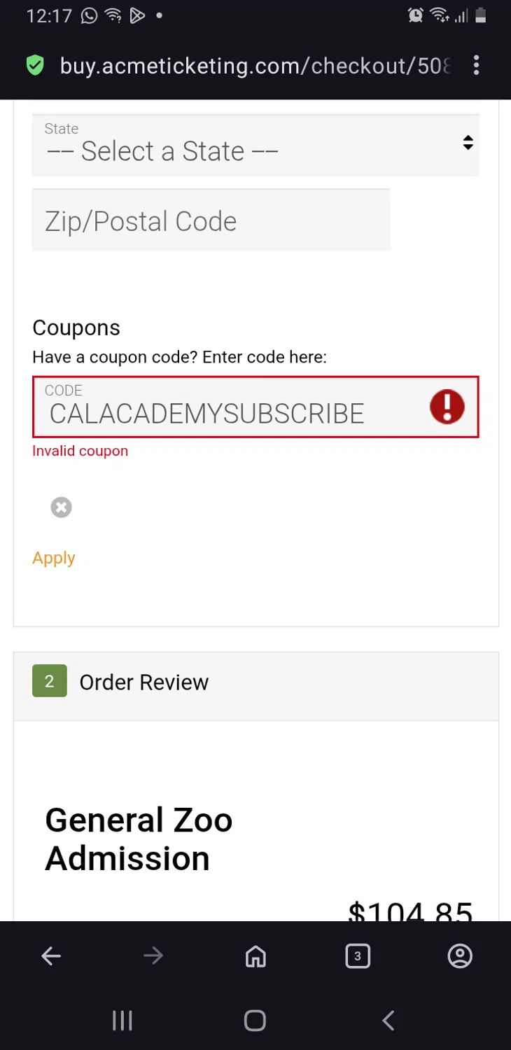 Brevard Zoo promo code screenshot showing code CALACADEMYSUBSCRIBE applied at Brevard Zoo checkout page. Uploaded by SimplyCodes community member billgates0997923425561 on Dec 17, 2025