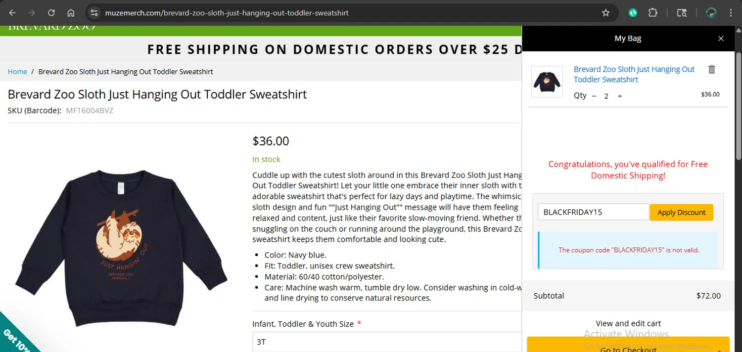 Brevard Zoo promo code screenshot showing code BLACKFRIDAY15 applied at Brevard Zoo checkout page. Uploaded by SimplyCodes community member giselmarstephanny on Dec 9, 2025