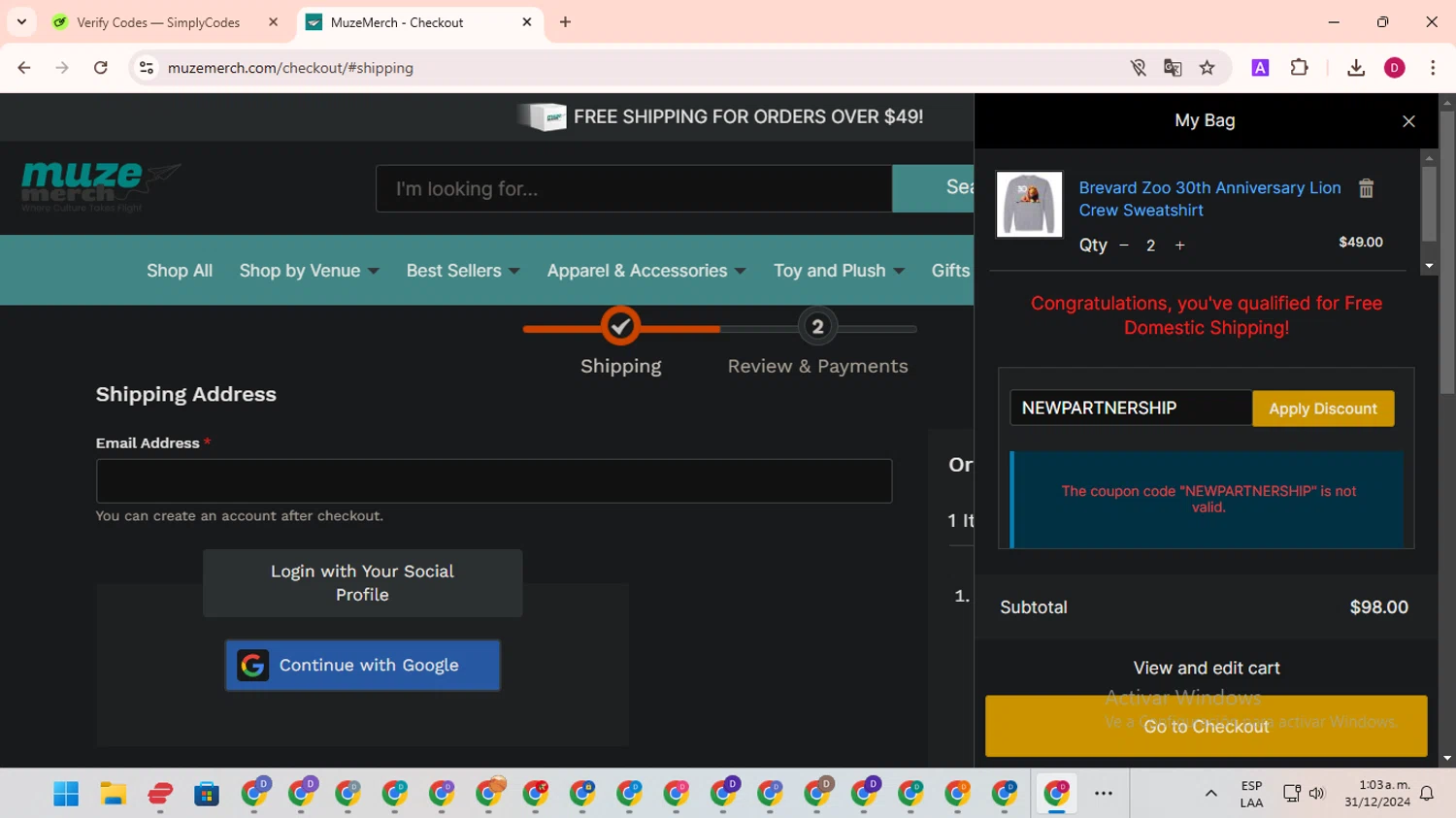 Brevard Zoo promo code screenshot showing code NEWPARTNERSHIP applied at Brevard Zoo checkout page. Uploaded by SimplyCodes community member EpicSaver9948 on Dec 31, 2024