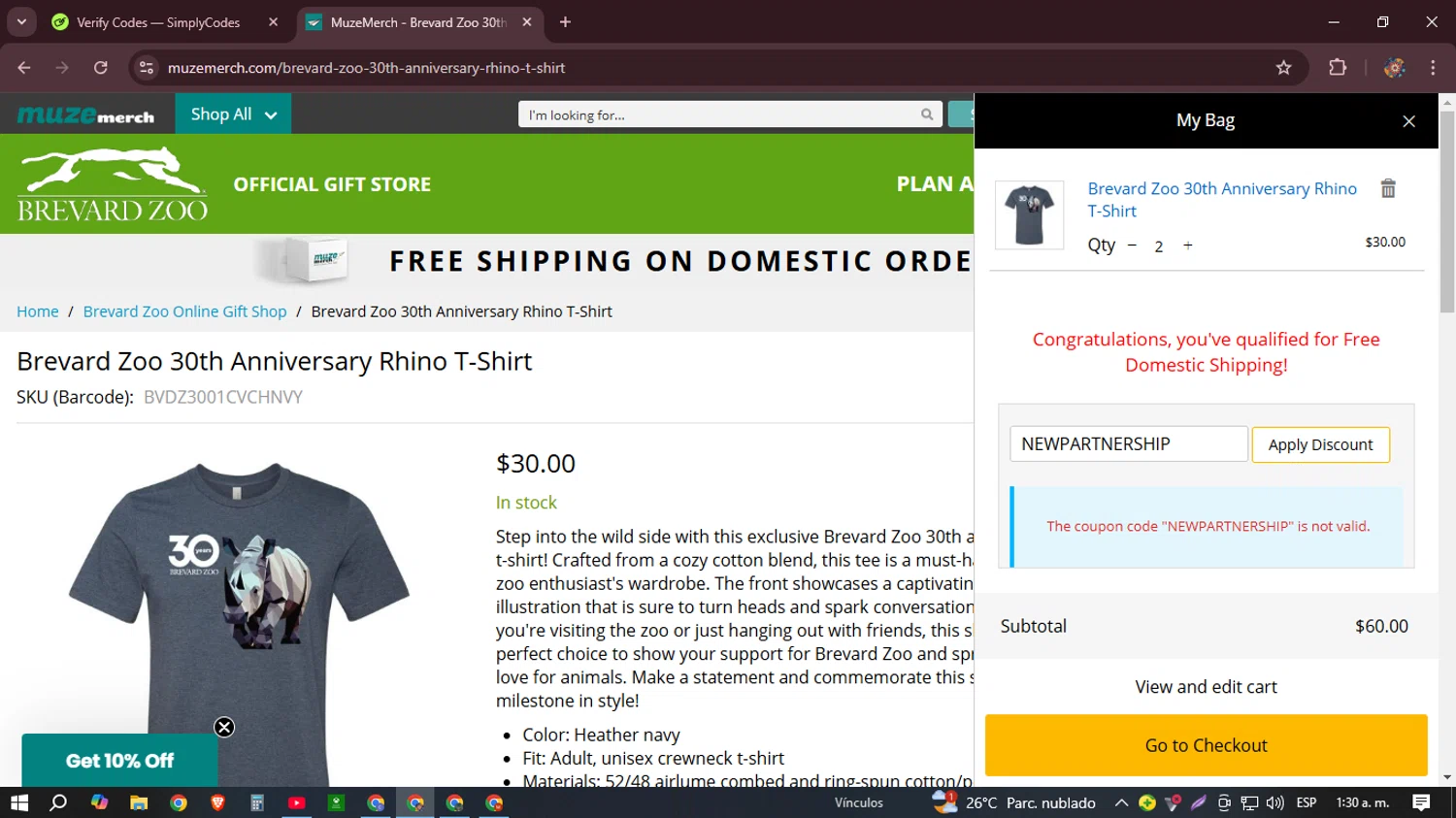 Brevard Zoo promo code screenshot showing code NEWPARTNERSHIP applied at Brevard Zoo checkout page. Uploaded by SimplyCodes community member BudgetHunter9184 on Dec 31, 2024