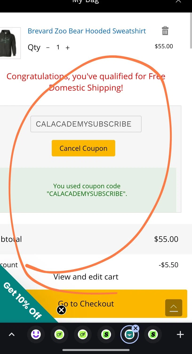 Brevard Zoo promo code screenshot showing code CALACADEMYSUBSCRIBE applied at Brevard Zoo checkout page. Uploaded by SimplyCodes community member Dejadepicharme on Dec 18, 2025