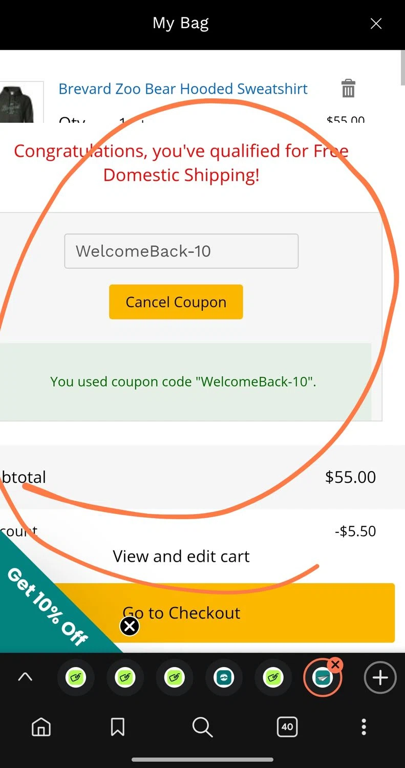 Brevard Zoo promo code screenshot showing code WelcomeBack-10 applied at Brevard Zoo checkout page. Uploaded by SimplyCodes community member Dejadepicharme on Dec 18, 2025