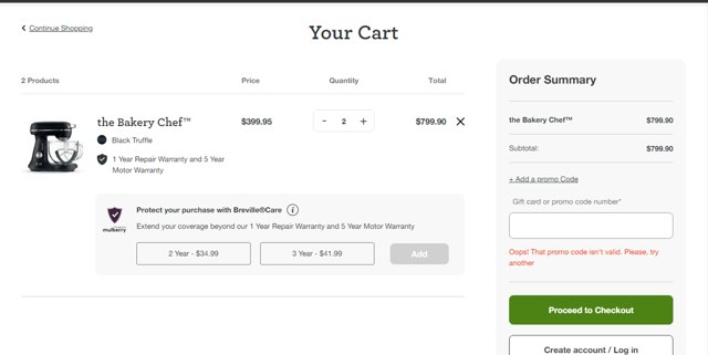 Breville checkout page showing Breville promo code box | Screenshot taken by SimplyCodes community member on Sep 20, 2023