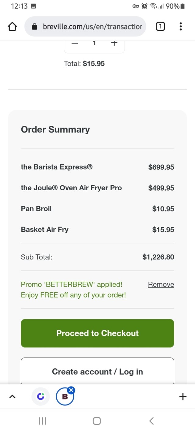 Breville checkout page showing Breville promo code box | Screenshot taken by SimplyCodes community member on Apr 8, 2022