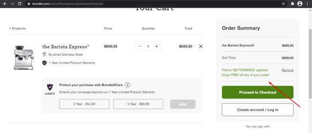 Breville checkout page showing Breville promo code box | Screenshot taken by SimplyCodes community member on Apr 23, 2022