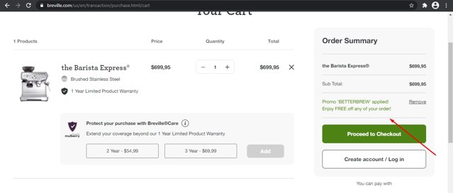 Breville checkout page showing Breville promo code box | Screenshot taken by SimplyCodes community member on Apr 23, 2022