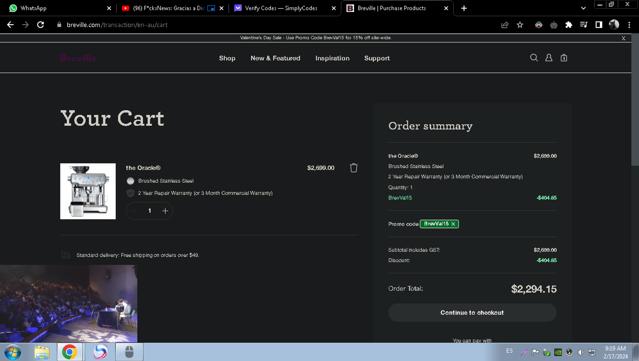 Breville checkout page showing Breville promo code box | Screenshot taken by SimplyCodes community member on Feb 17, 2024
