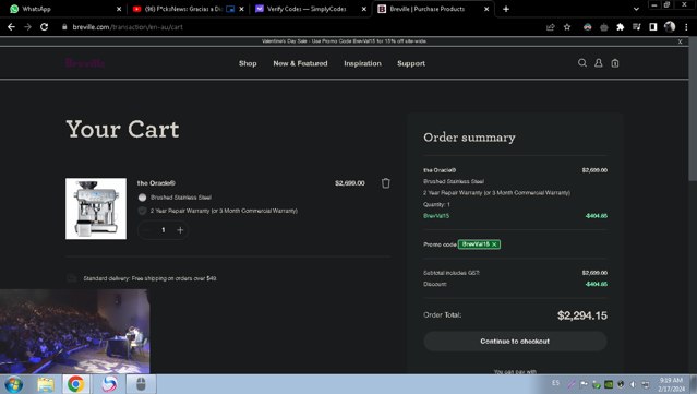 Breville checkout page showing Breville promo code box | Screenshot taken by SimplyCodes community member on Feb 17, 2024