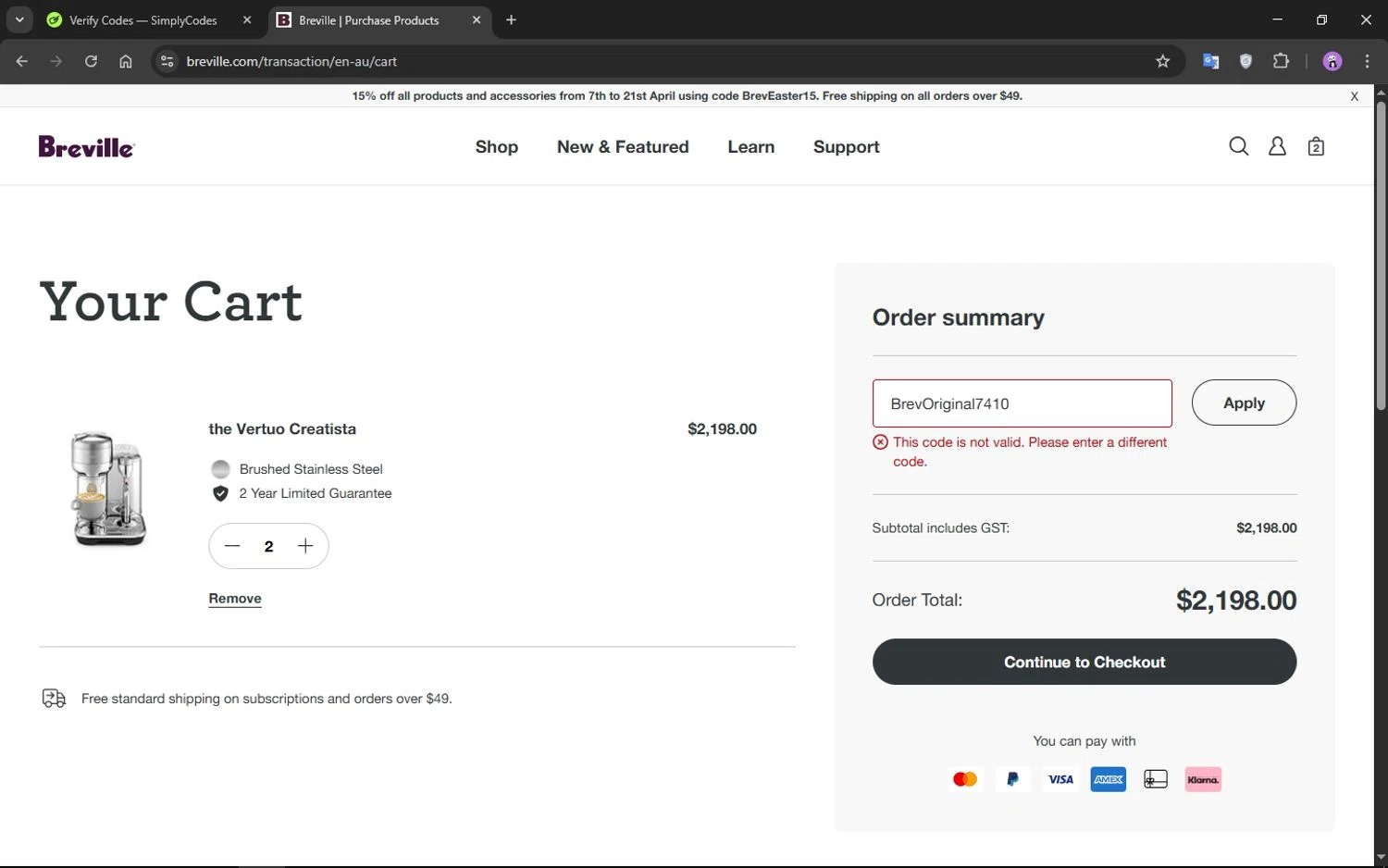 Breville promo code screenshot showing code BrevOriginal7410 applied at Breville checkout page. Uploaded by SimplyCodes community member CrownMaestro9486 on Apr 10, 2025