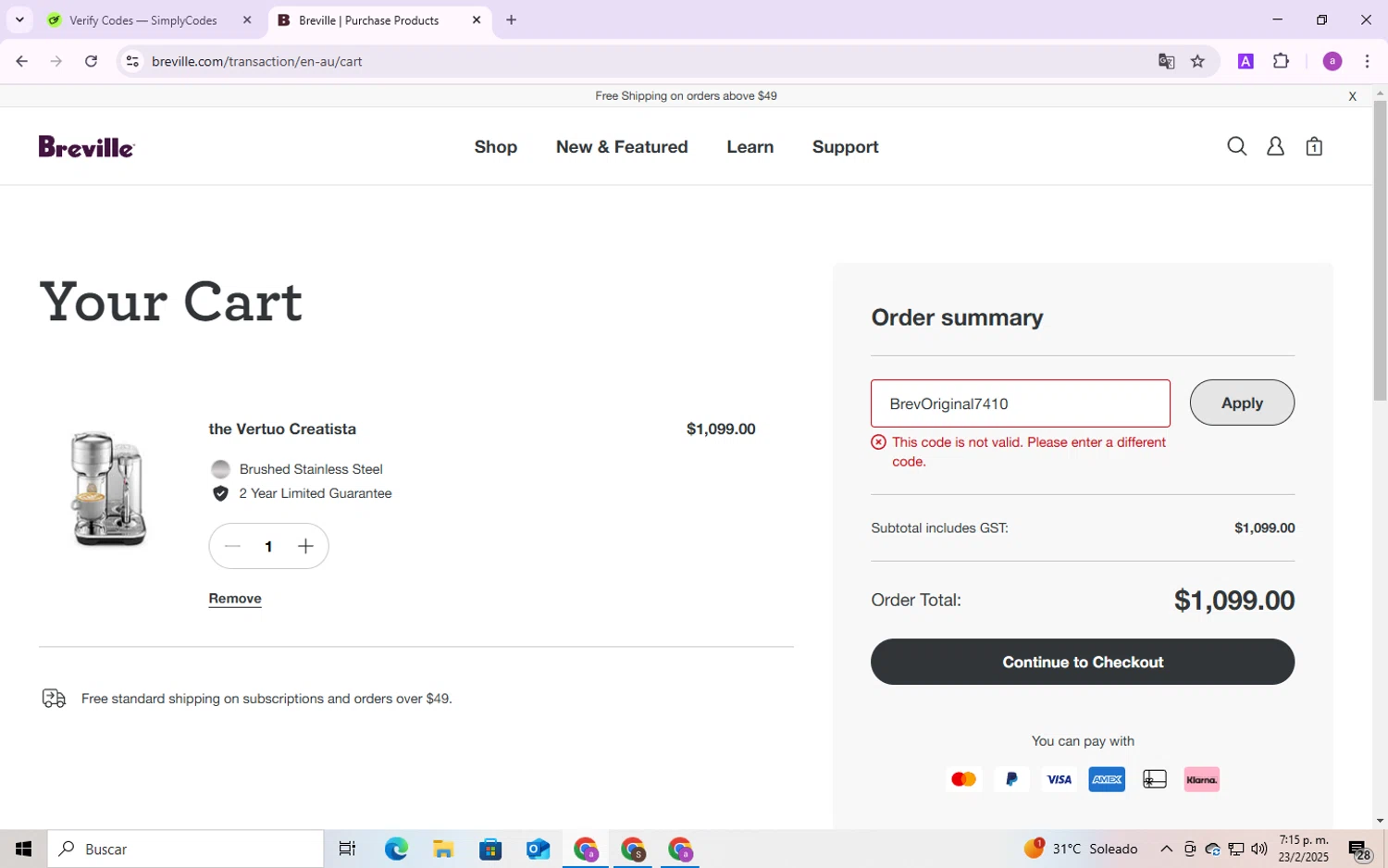 Breville promo code screenshot showing code BrevOriginal7410 applied at Breville checkout page. Uploaded by SimplyCodes community member CodeMaverick246 on Feb 23, 2025