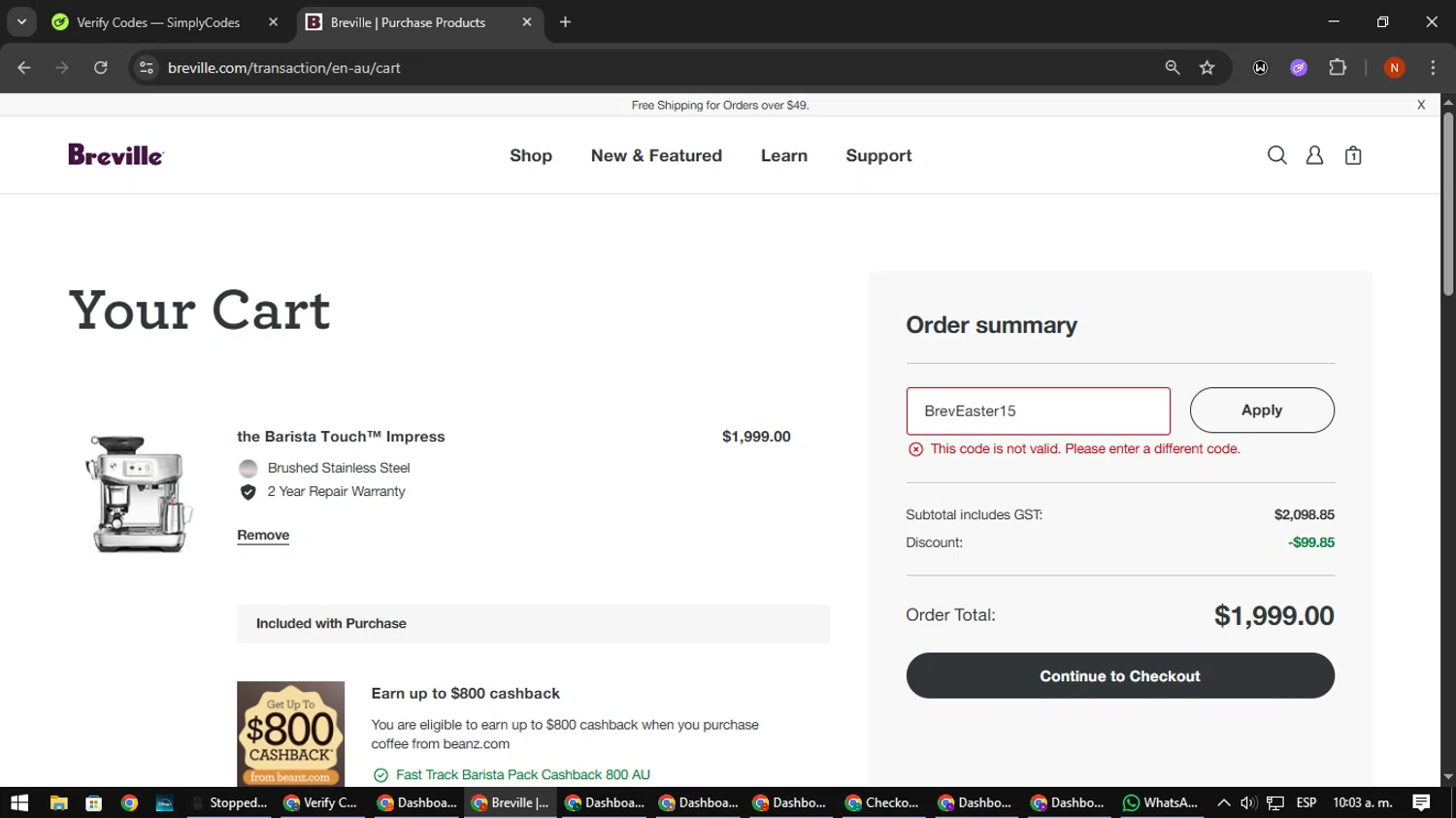 Breville promo code screenshot showing code BrevEaster15 applied at Breville checkout page. Uploaded by SimplyCodes community member MagnificentScout194 on Aug 24, 2025