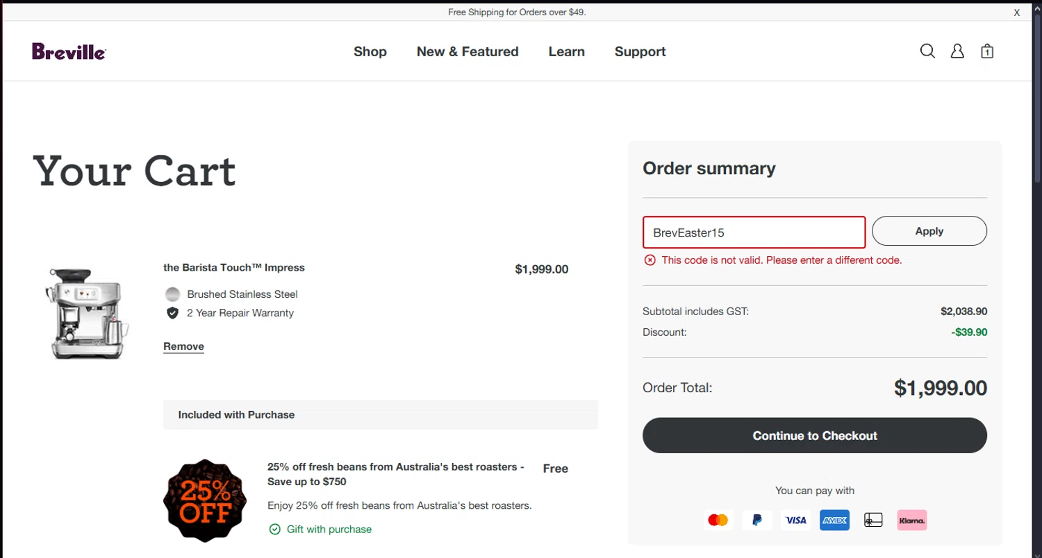 Breville promo code screenshot showing code BrevEaster15 applied at Breville checkout page. Uploaded by SimplyCodes community member MoneyScout2554 on Oct 18, 2025