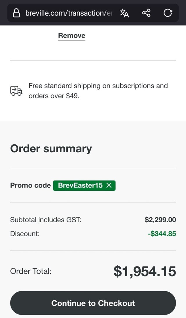 Breville checkout page showing Breville promo code box | Screenshot taken by SimplyCodes community member on Apr 18, 2025