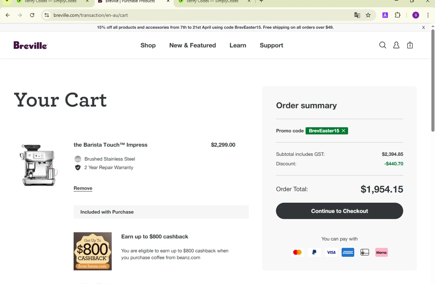 Breville checkout page showing Breville promo code box | Screenshot taken by SimplyCodes community member on Apr 11, 2025