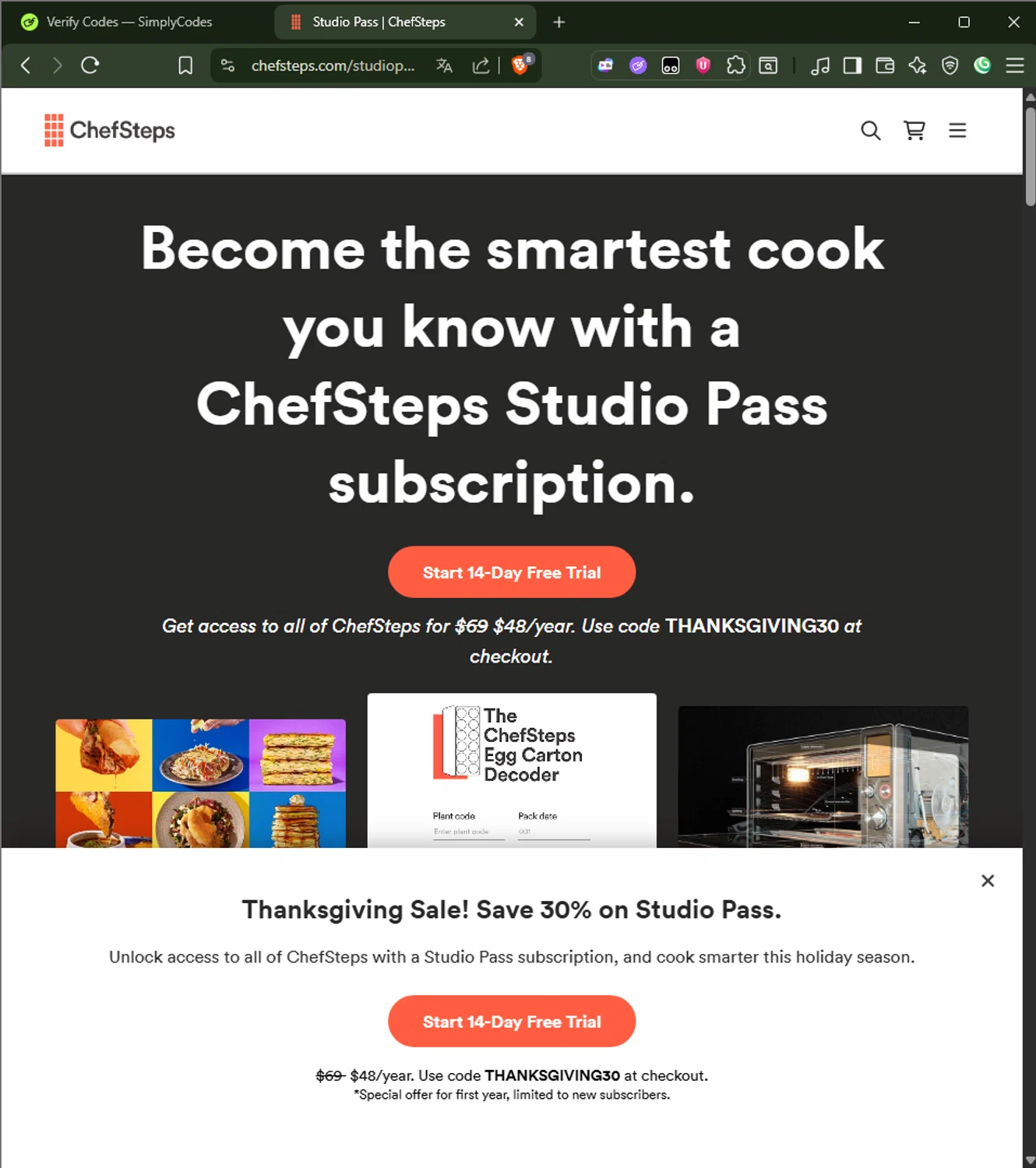 Breville promo code screenshot showing code THANKSGIVING30 applied at Breville checkout page. Uploaded by SimplyCodes community member AliceLidell on Nov 9, 2025