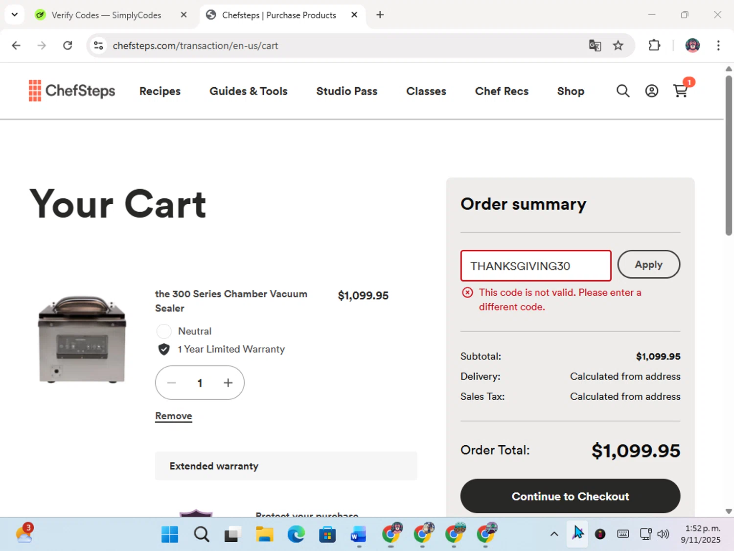 Breville promo code screenshot showing code THANKSGIVING30 applied at Breville checkout page. Uploaded by SimplyCodes community member karoline on Nov 9, 2025