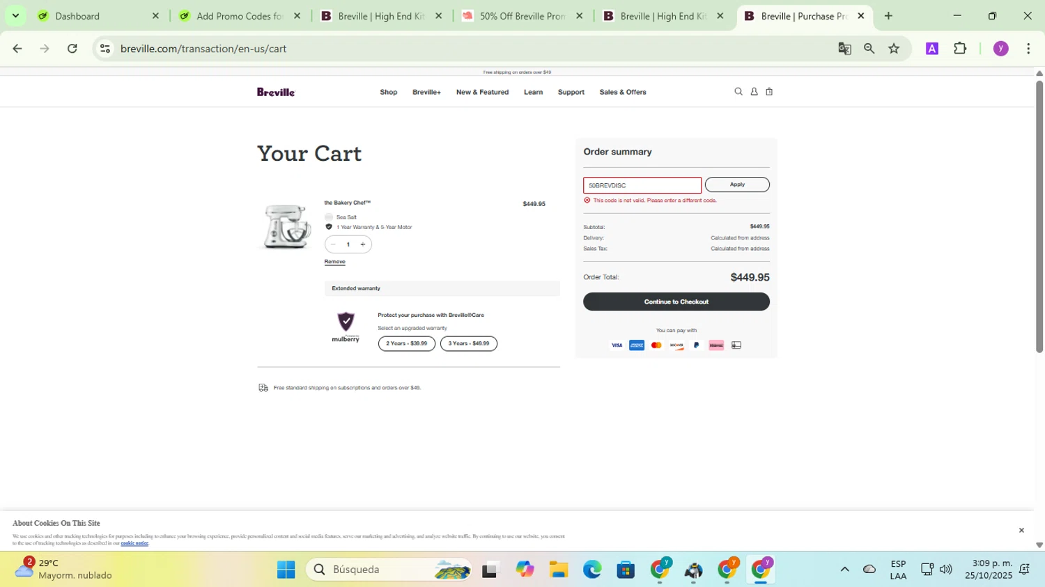 Breville promo code screenshot showing code 50BREVDISC applied at Breville checkout page. Uploaded by SimplyCodes community member yadicg054 on Oct 25, 2025