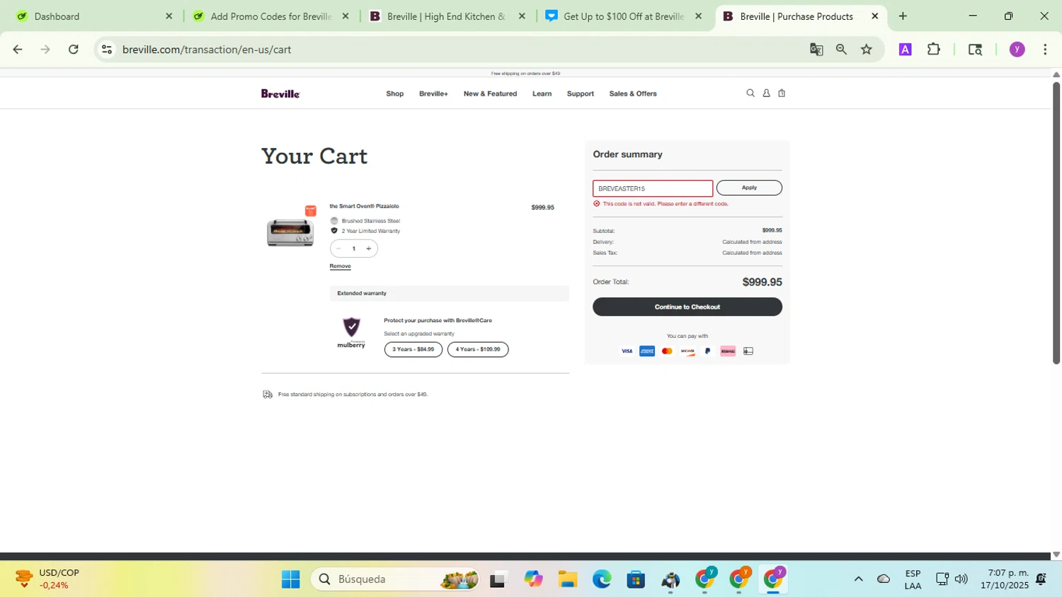 Breville promo code screenshot showing code BREVEASTER15 applied at Breville checkout page. Uploaded by SimplyCodes community member yadicg054 on Oct 17, 2025