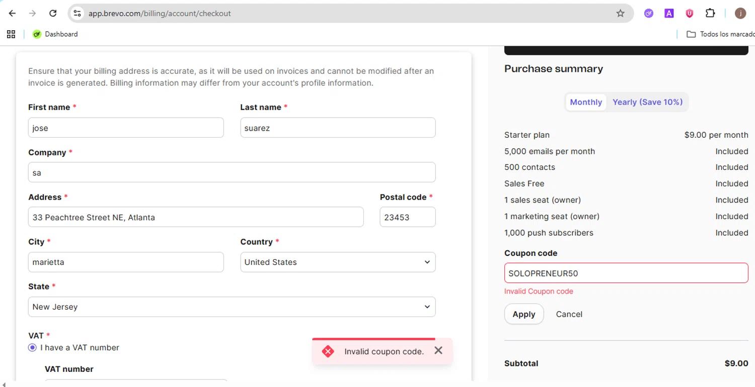 Brevo coupon code screenshot showing code SOLOPRENEUR50 applied at Brevo checkout page. Uploaded by SimplyCodes community member Jose29 on Nov 28, 2025