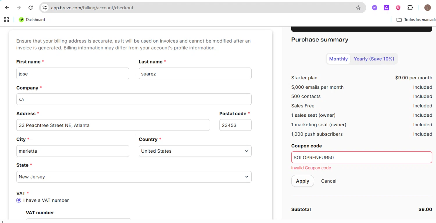 Brevo coupon code screenshot showing code SOLOPRENEUR50 applied at Brevo checkout page. Uploaded by SimplyCodes community member jackthomson on Nov 28, 2025