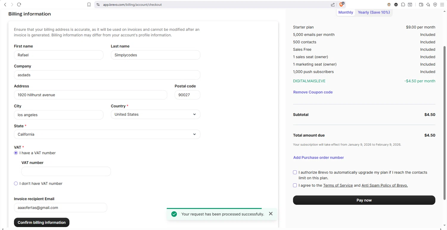 Brevo checkout page showing Brevo coupon code box | Screenshot taken by SimplyCodes community member on Jan 9, 2026