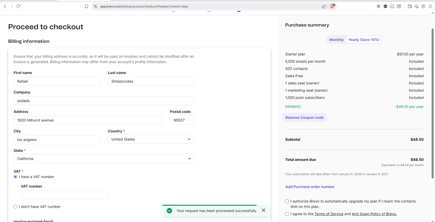 Brevo checkout page showing Brevo coupon code box | Screenshot taken by SimplyCodes community member on Jan 9, 2026