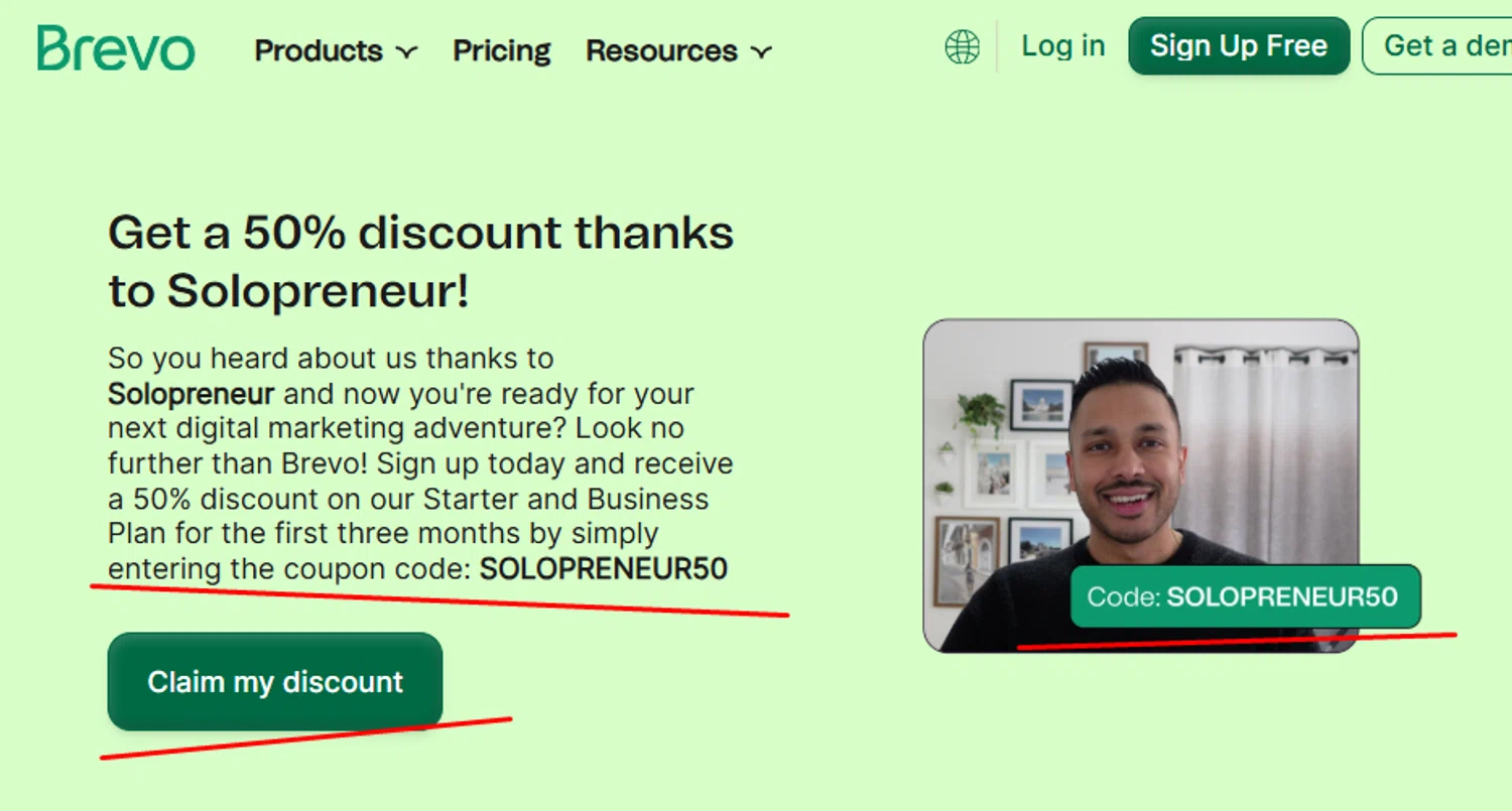 Brevo coupon code screenshot showing code SOLOPRENEUR50 applied at Brevo checkout page. Uploaded by SimplyCodes community member paola49520 on Sep 9, 2025