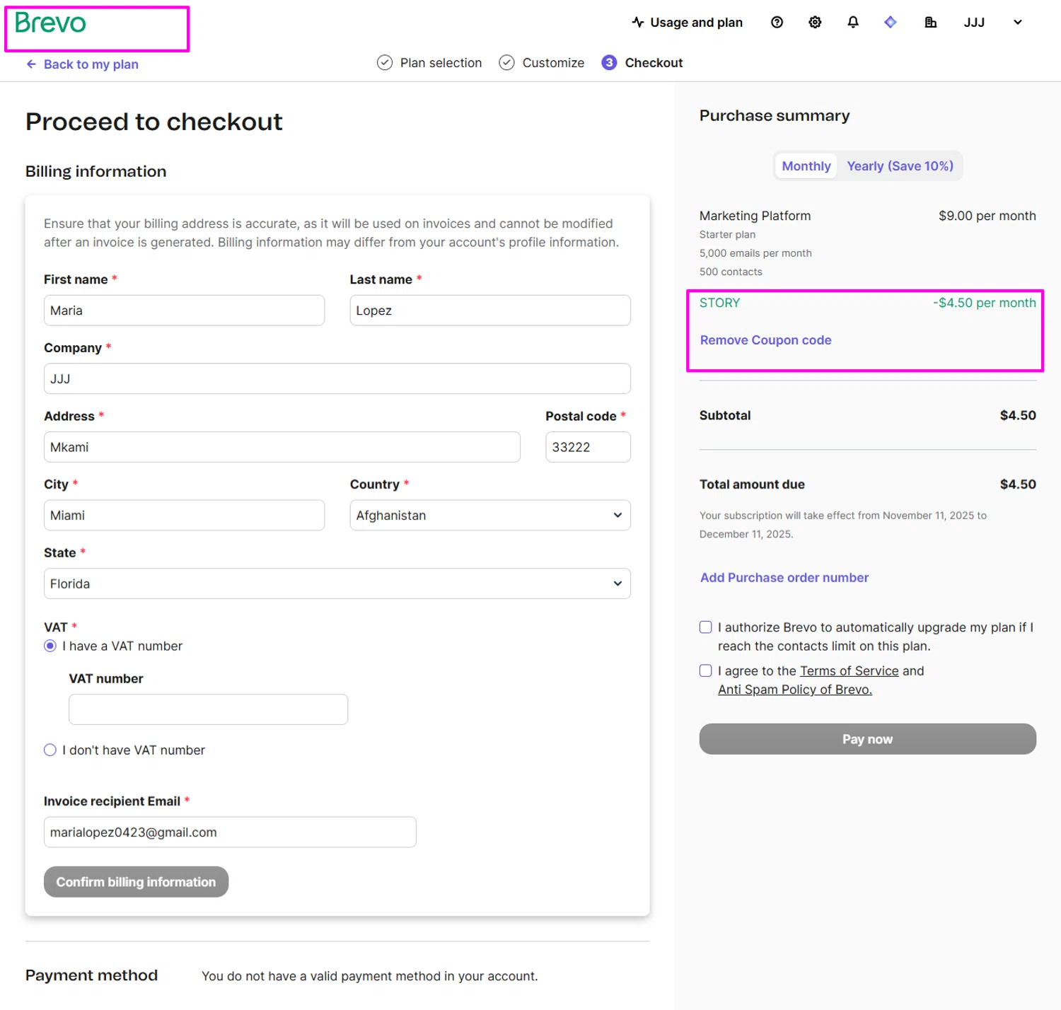 Brevo coupon code screenshot showing code STORY applied at Brevo checkout page. Uploaded by SimplyCodes community member mrdarcy on Nov 11, 2025