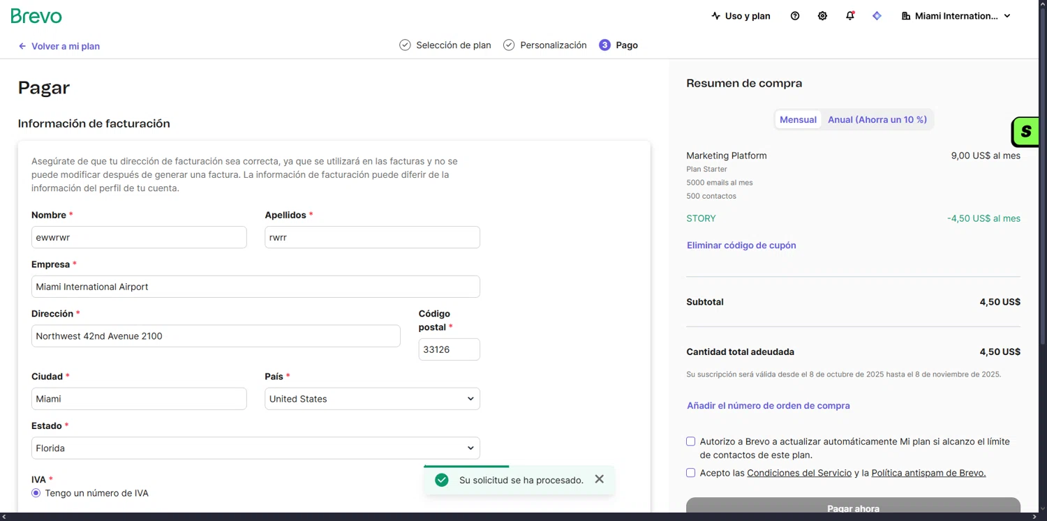 Brevo coupon code screenshot showing code STORY applied at Brevo checkout page. Uploaded by SimplyCodes community member pabloprieto on Oct 8, 2025