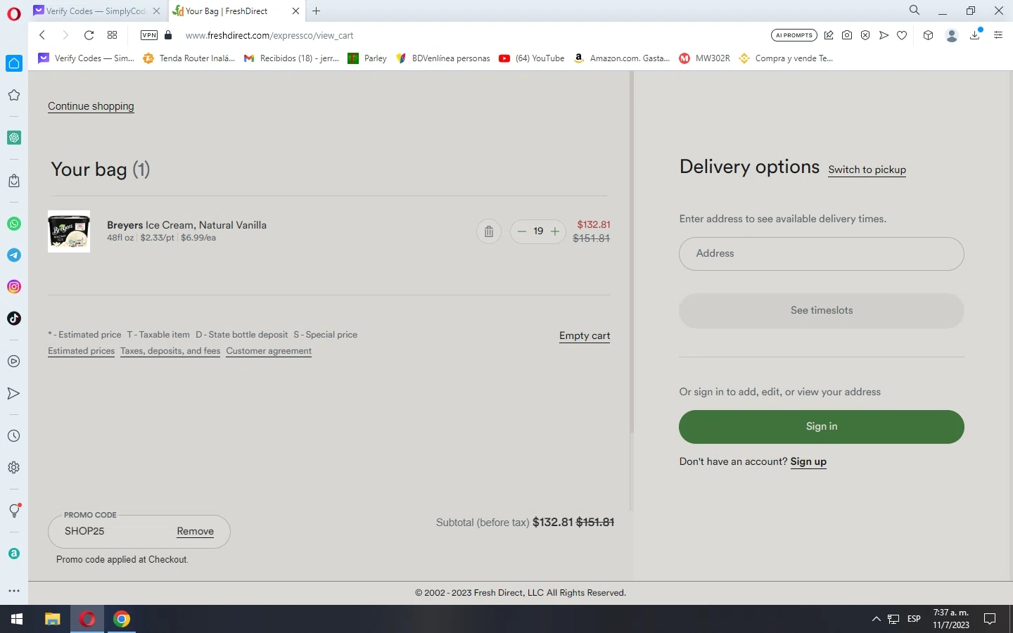 Breyers checkout page showing Breyers promo code box | Screenshot taken by SimplyCodes community member on Jul 11, 2023