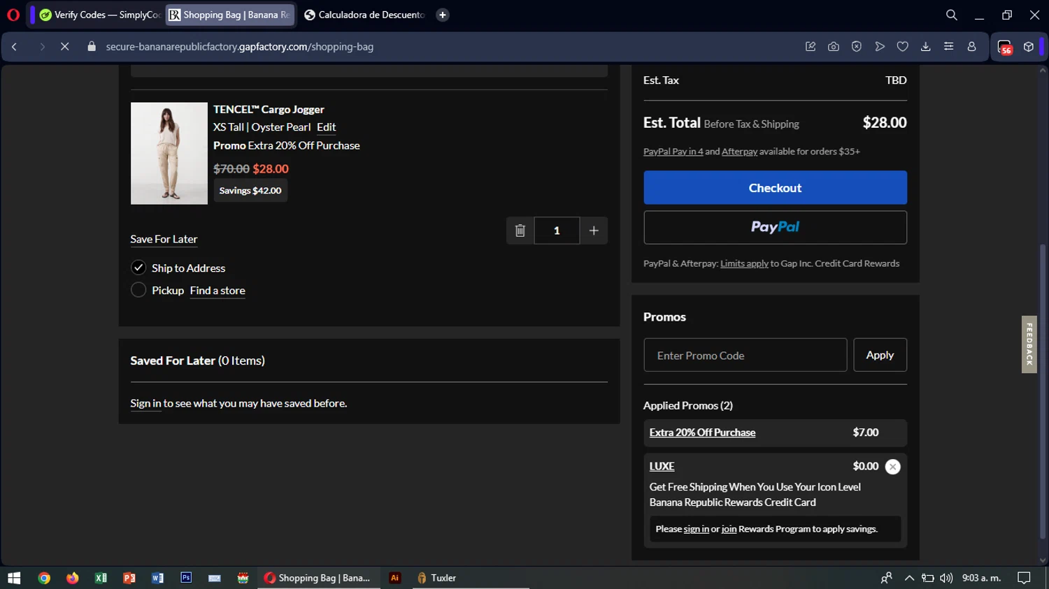 Banana Republic Factory promo code screenshot showing code LUXE applied at Banana Republic Factory checkout page. Uploaded by SimplyCodes community member SavingsTiger3479 on Jul 29, 2025