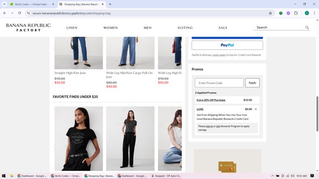 Banana Republic Factory checkout page showing Banana Republic Factory promo code box | Screenshot taken by SimplyCodes community member on Aug 20, 2025