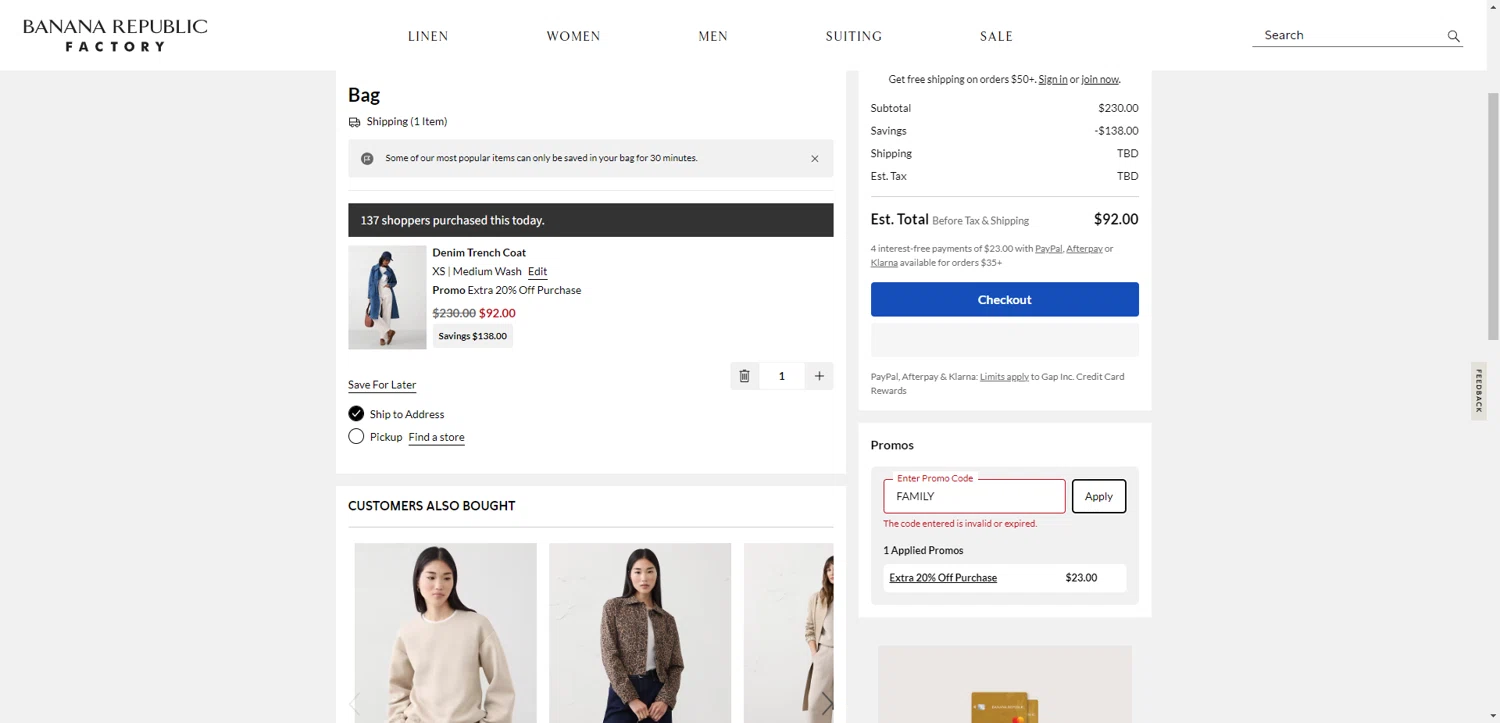 Banana Republic Factory promo code screenshot showing code FAMILY applied at Banana Republic Factory checkout page. Uploaded by SimplyCodes community member CleverHawk1744 on Aug 20, 2025