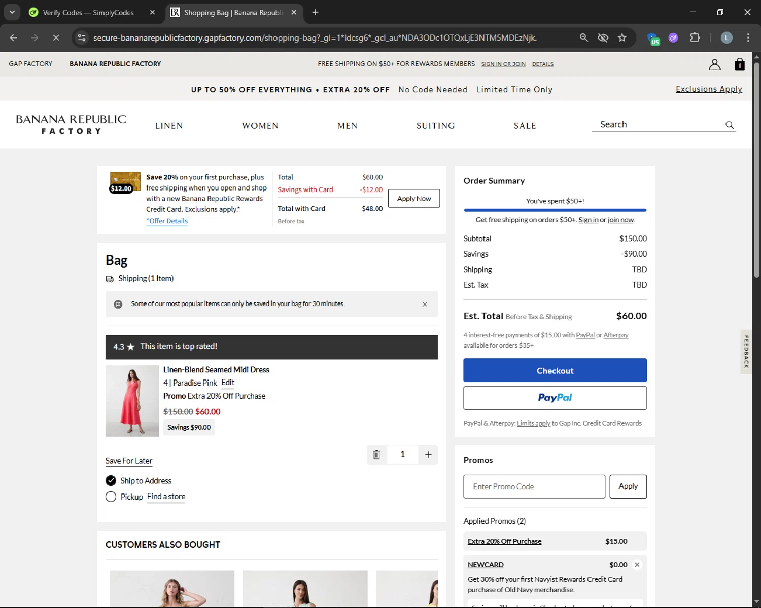 Banana Republic Factory promo code screenshot showing code NEWCARD applied at Banana Republic Factory checkout page. Uploaded by SimplyCodes community member CashTracker4266 on Jul 30, 2025