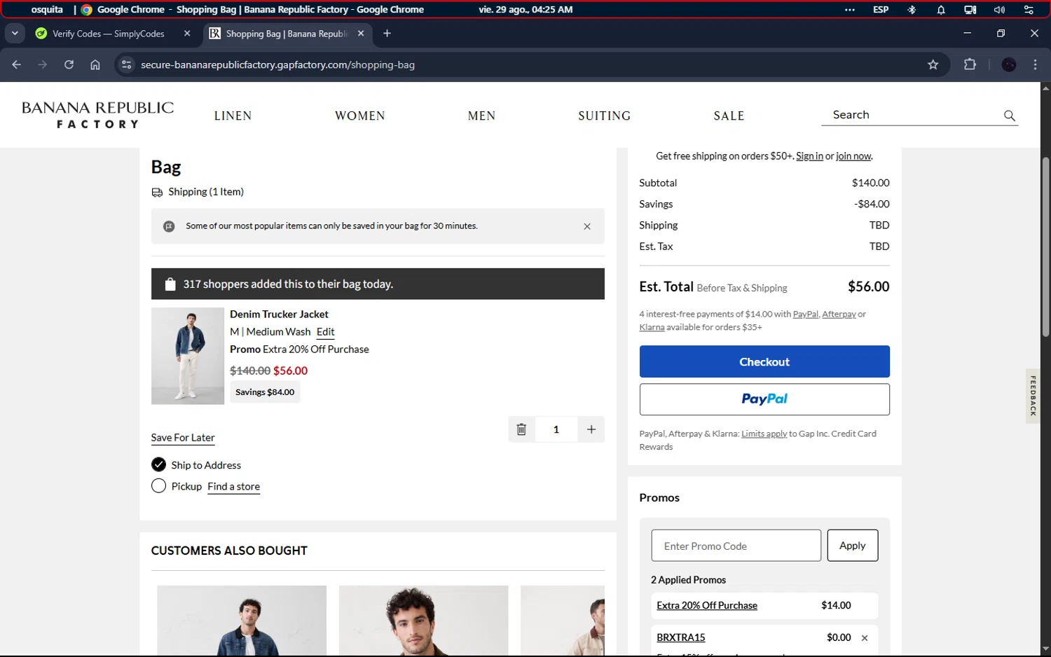 Banana Republic Factory promo code screenshot showing code BRXTRA15 applied at Banana Republic Factory checkout page. Uploaded by SimplyCodes community member LiderOz on Aug 29, 2025